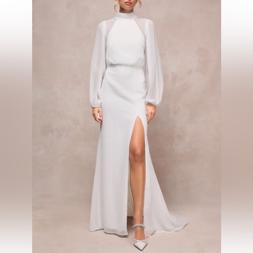 Lulu's White Sheer Sleeve Wedding Gown